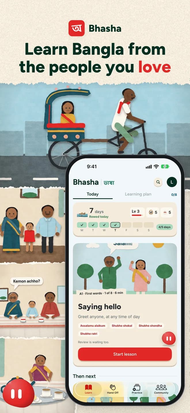 Learn Bangla from the people you love: the Bhasha home screen with today's lesson